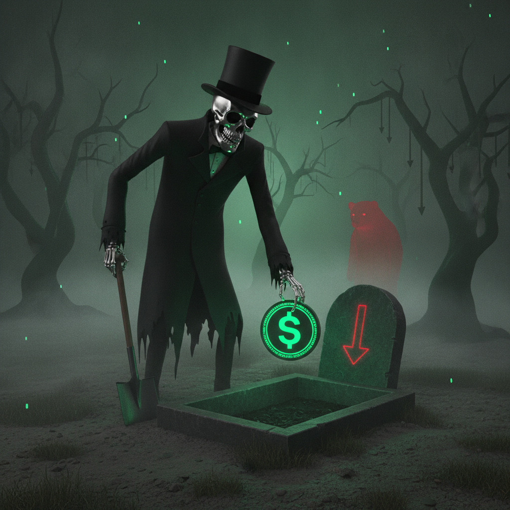 An undertaker skull lowering a green SOL coin into the ground beneath a flame that only ticks down